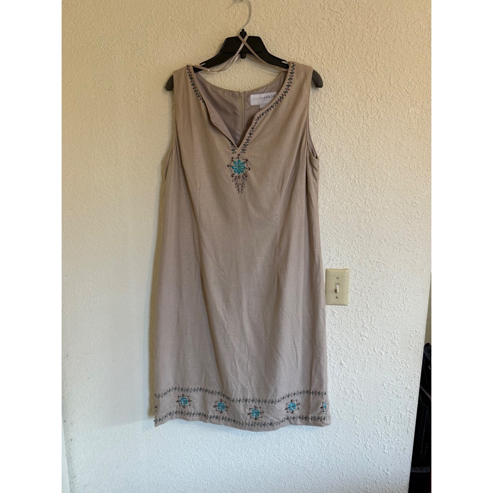 Sag Harbor Women Tan Linen Blend Embroidered Sheath Dress Sz 16 Sleeveless Boho
